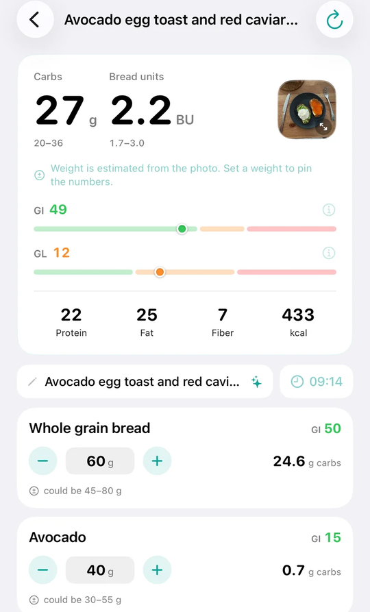 Soba result screen: 27 g carbs with a 20–36 g range, 2.2 bread units, GI and GL bars, and per-food weights with ranges such as 'could be 45–80 g' for whole grain bread.